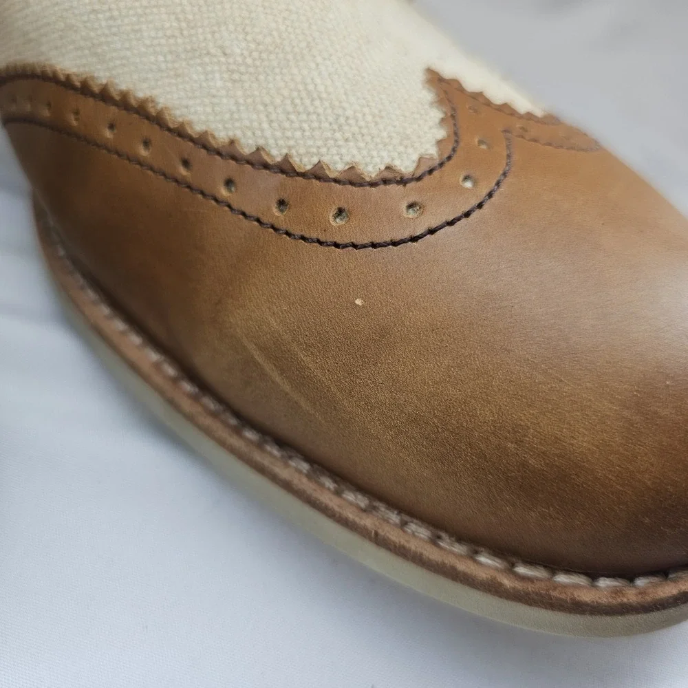 Johnston & Murphy Brown Leather Canvas Wingtip Oxford Shoes Men's 13M Sheepskin